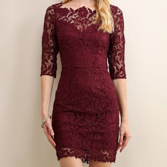 Soieblu Dresses & Skirts - SOIEBLU Sangria Wine Floral-Lace Three-Quarter Sleeve Dress Size Medium